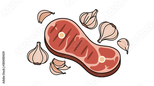 A grilled steak with garlic cloves scattered around it