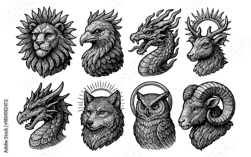 Intricate animal heads: detailed black and white vintage style art