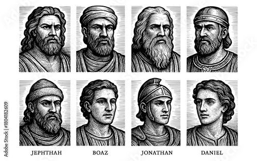Historical engravings of biblical figures in classic style
