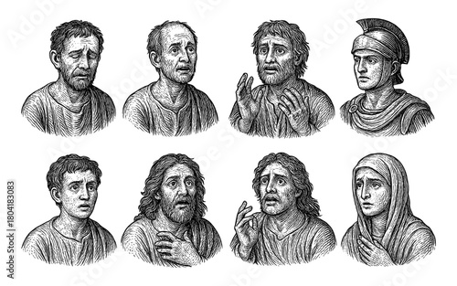 Ancient roman figures in detailed sketch style with expressive faces