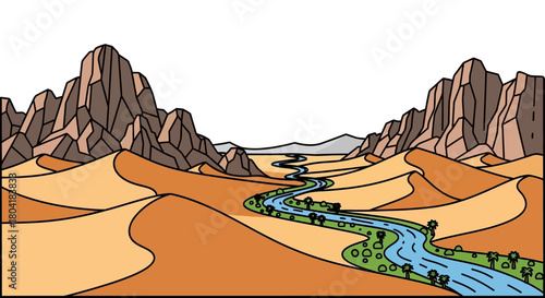 Picturesque desert oasis with a winding river flowing between majestic mountains and golden sand dunes, an illustrative nature scene