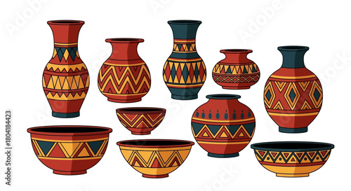 Collection of traditional ethnic pottery and handcrafted earthenware with vibrant geometric patterns, showcasing cultural artistry and ancient craftsmanship