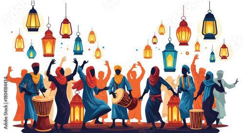 Celebratory gathering with dancers, lanterns, and musical instruments creating festive vibes for an event