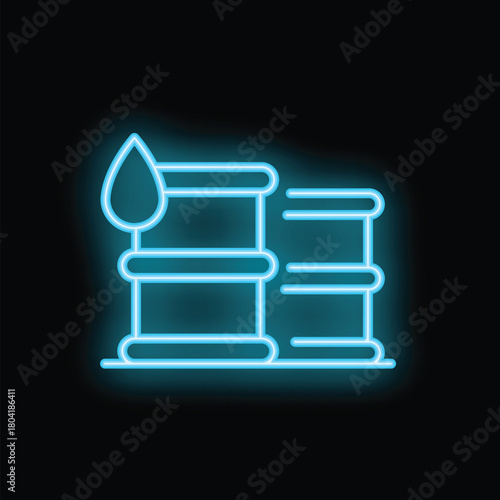 Bright blue neon sign depicting oil barrels and an oil drop, set against a black background