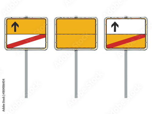Three identical road signs depicting the entry and exit of a town