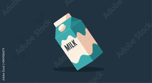 A minimalist cartoon illustration of a milk carton with a blue and white color scheme, perfect for a healthy breakfast or dairy product promotion