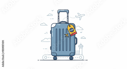 Illustration of a blue suitcase with a luggage tag isolated on, symbolizing travel and vacation planning
