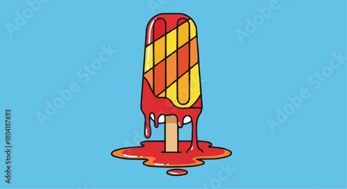 Melting popsicle with vibrant colors on a stick, a sweet treat for summer days, dripping with deliciousness on blue background
