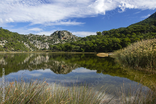 Symmetrical reflection of mountains and forest in the lake