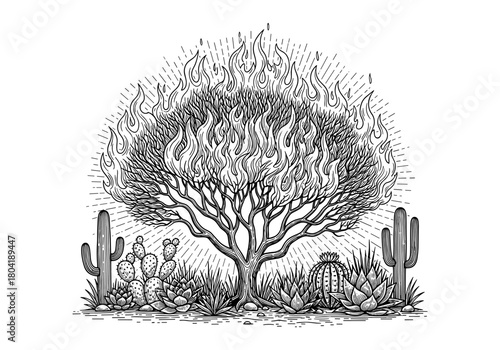 Intricate flaming tree with desert plants in monochrome stipple art style