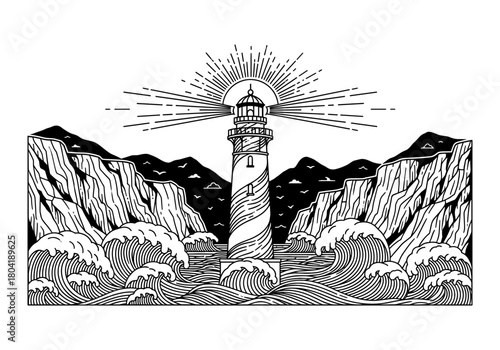 Monochrome lighthouse with waves and mountains in intricate line art style