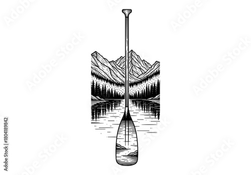 Paddle with scenic mountain reflections on calm lake in detailed monochrome