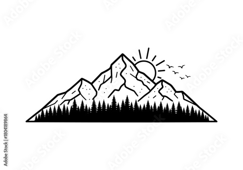 Minimalist mountain landscape with forest and sun in linear style