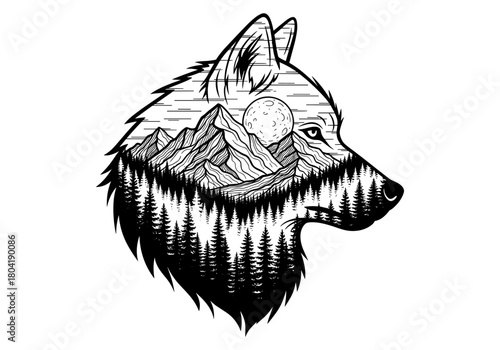 Wolf silhouette integrated with forest and mountains
