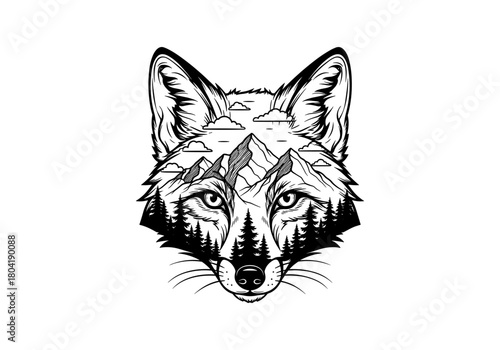 Intricate wolf head with mountain landscape double exposure art