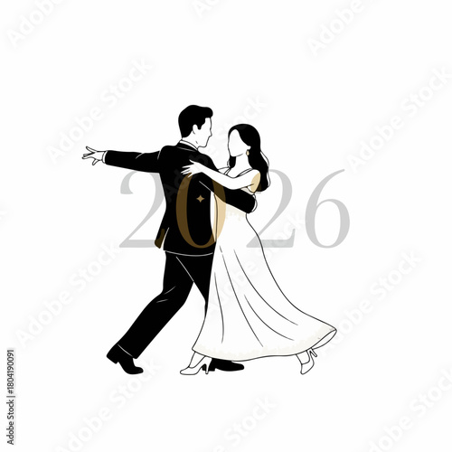 Newlyweds ballroom dancing at wedding, romantic moment of first dance in elegant dress. Ballroom dancing couple celebrates marriage event with embrace and love.