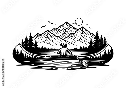 Monochrome adventure: canoeist paddling towards mountain serenity