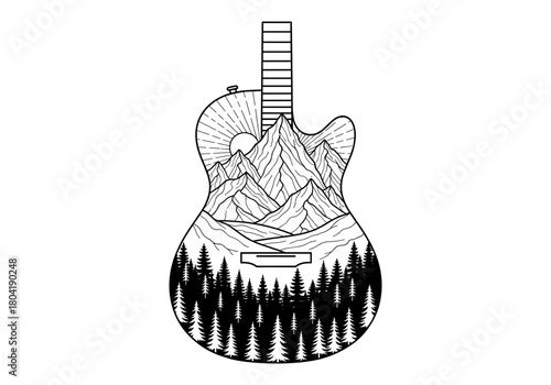 Guitar with mountains and forests in intricate line art design