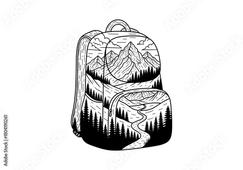 Backpack with scenic mountain and forest design in black and white line art