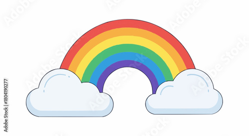 A vibrant rainbow arches across the sky, nestled between fluffy white clouds, isolated on a symbol of hope, promise, and colorful beauty