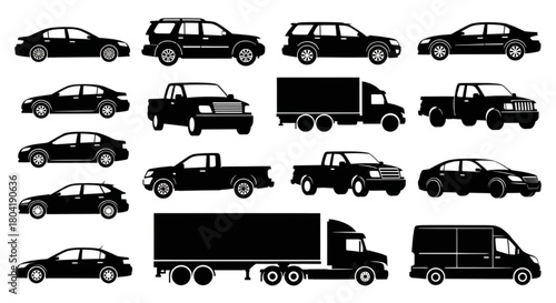 Black Silhouette Vector of Cars and Trucks in Side and Front Views, Clean Minimal Lines, Commercial Transport Theme, Editable Vehicle Vector Sheet Illustration

