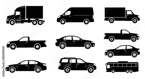 Black Silhouette Vector of Cars and Trucks in Side and Front Views, Clean Minimal Lines, Commercial Transport Theme, Editable Vehicle Vector Sheet Illustration

