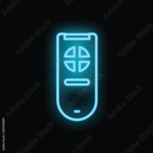 Blue neon remote control glowing on a black background