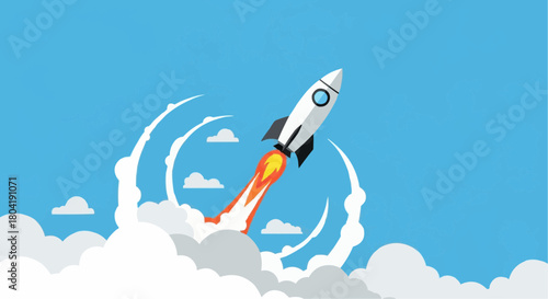 A rocket ship soars through a cloudy sky, isolated on, symbolizing innovation, progress, and the pursuit of new frontiers
