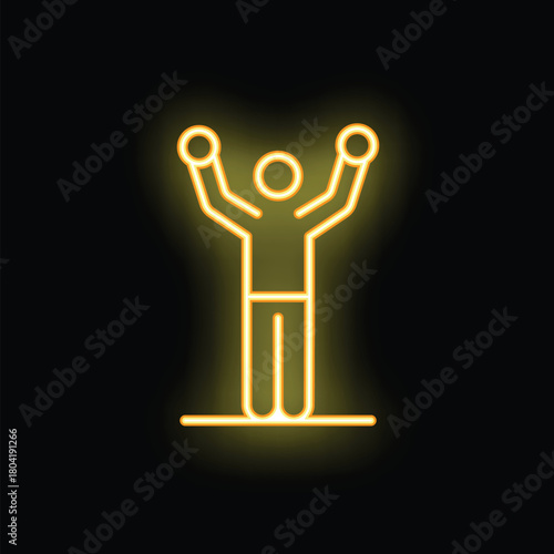 Man is raising his arms in a triumphant gesture, illuminated by a vibrant neon glow against a dark background