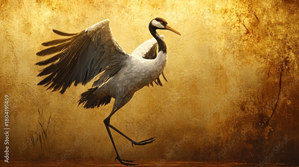 Obraz premium Crane in flight against golden background