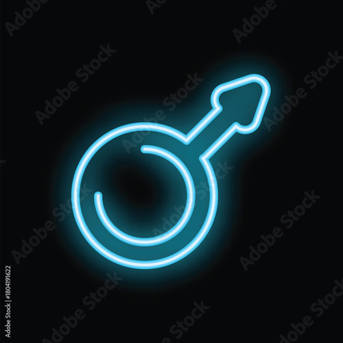 Blue neon male gender symbol glowing brightly against a black background
