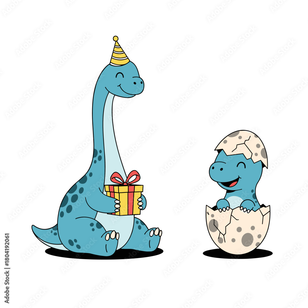Obraz premium A friendly blue dinosaur with a party hat gives a present to a baby dinosaur hatching from an egg.