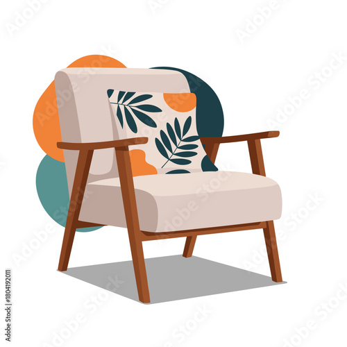 Cozy armchair with a decorative pillow and abstract shapes in the background.