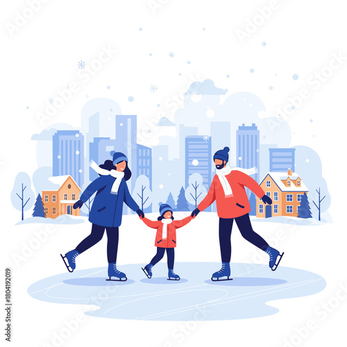 A happy family enjoys ice skating together in a picturesque winter city setting.