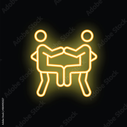 Neon sign of two stylized people holding hands and making heart shape with their legs