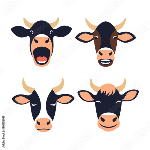 A collection of four adorable cow faces showing various expressions.