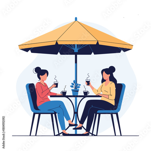 Two friends enjoying coffee together at an outdoor cafe under an umbrella.