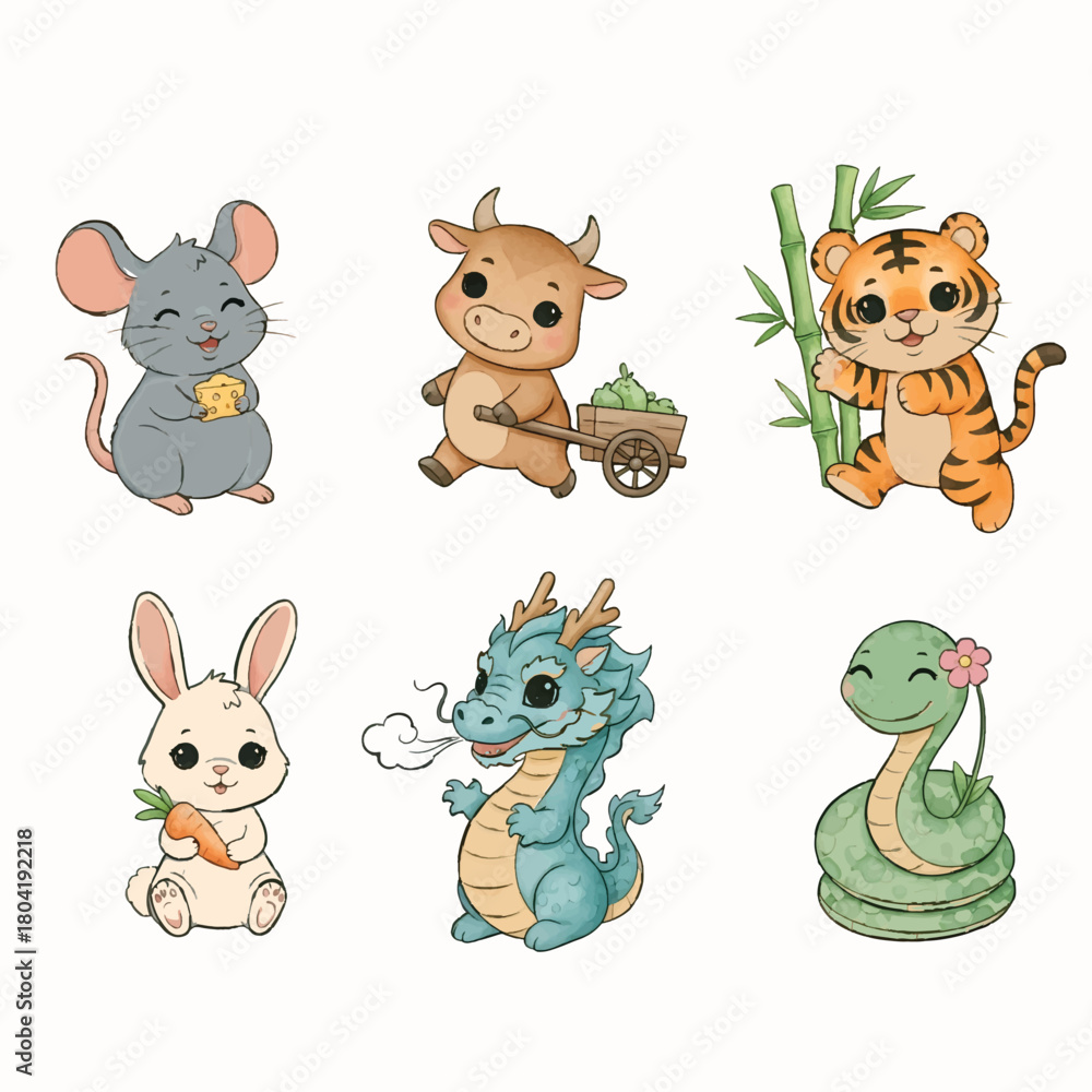Naklejka premium Cute Chinese Zodiac Animals Watercolor Set