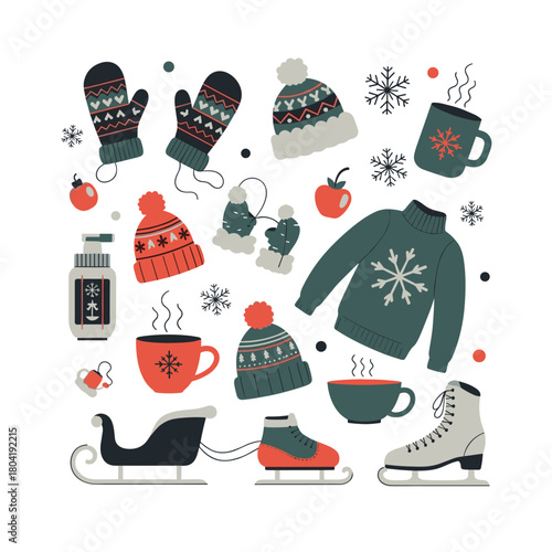 A festive collection of winter clothing and accessories including hats mittens and skates.
