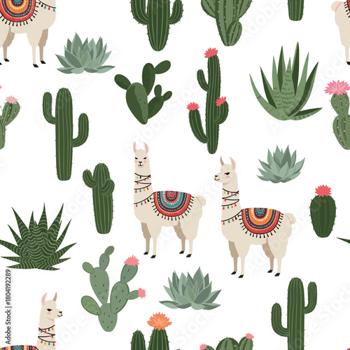 A charming seamless pattern featuring adorable llamas and various desert succulents and cacti for a playful bohemian aesthetic.