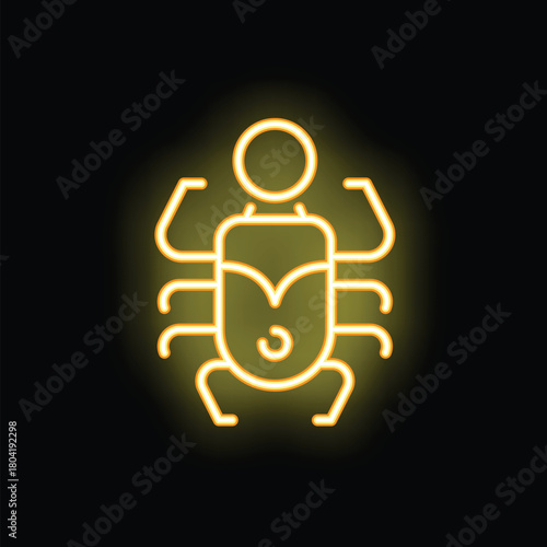 Yellow neon sign showing a stylized scarab beetle on a black background