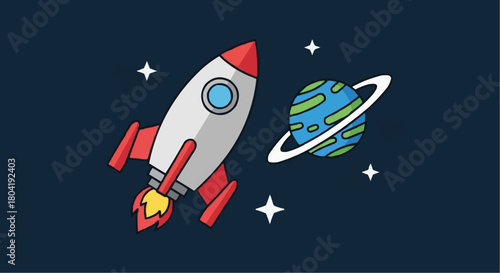 Illustration of a rocket ship flying through space with a planet and stars, perfect for childrens books and educational materials