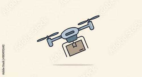 Drone delivering package, unmanned aerial vehicle carrying parcel, fast delivery service, modern logistics and transportation, isolated on