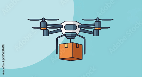 Drone delivering package, unmanned aerial vehicle carrying parcel, fast delivery service, modern logistics and transportation, isolated on
