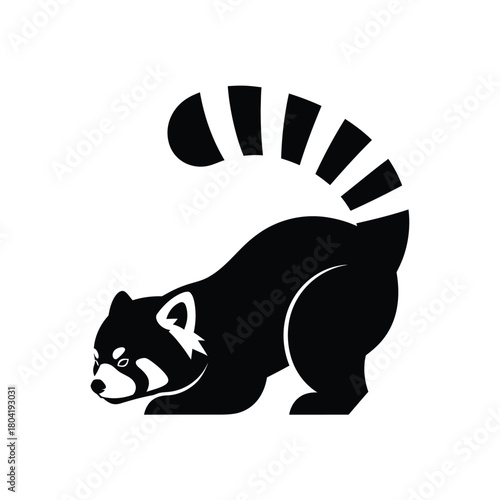 Vector illustration of stylized black silhouette of a red panda with a bushy ringed tail, crouching low, isolated on a