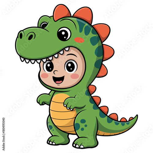 A cheerful child wearing a dinosaur costume, smiling at the camera
