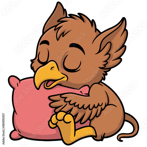A cute griffin cartoon character sleeping peacefully, cuddling with a pillow. Its eyes closed, exhibiting a relaxed and tranquil emotion