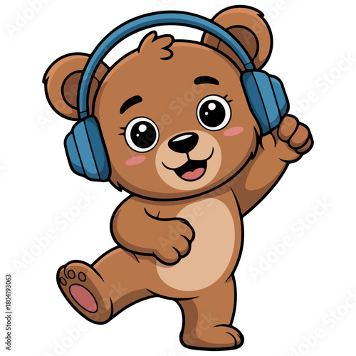 A cute cartoon bear wearing headphones and happily waving its paw