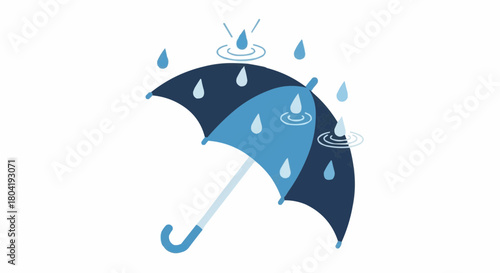 A blue umbrella with raindrops falling on it, creating ripples, isolated on, symbolizing protection and rainy weather