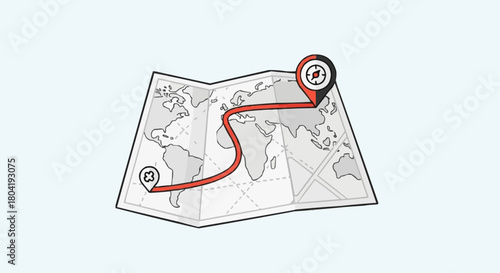 World map illustration with a red route and location pin isolated on, showcasing travel planning and global navigation